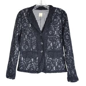 Ecru Navy Blue Lace Blazer with Gingham Lining, size 0, Preppy, Academia